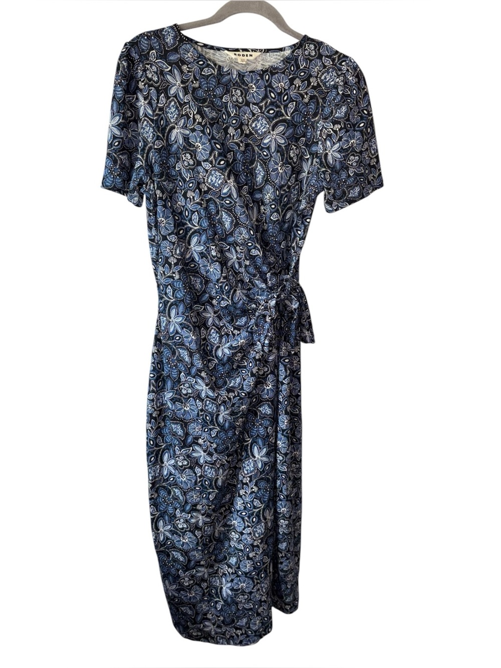 Boden Faux Wrap Jersey Midi Dress 8 Blue Floral Paisley Side Tie Modal - Picture 2 of 7